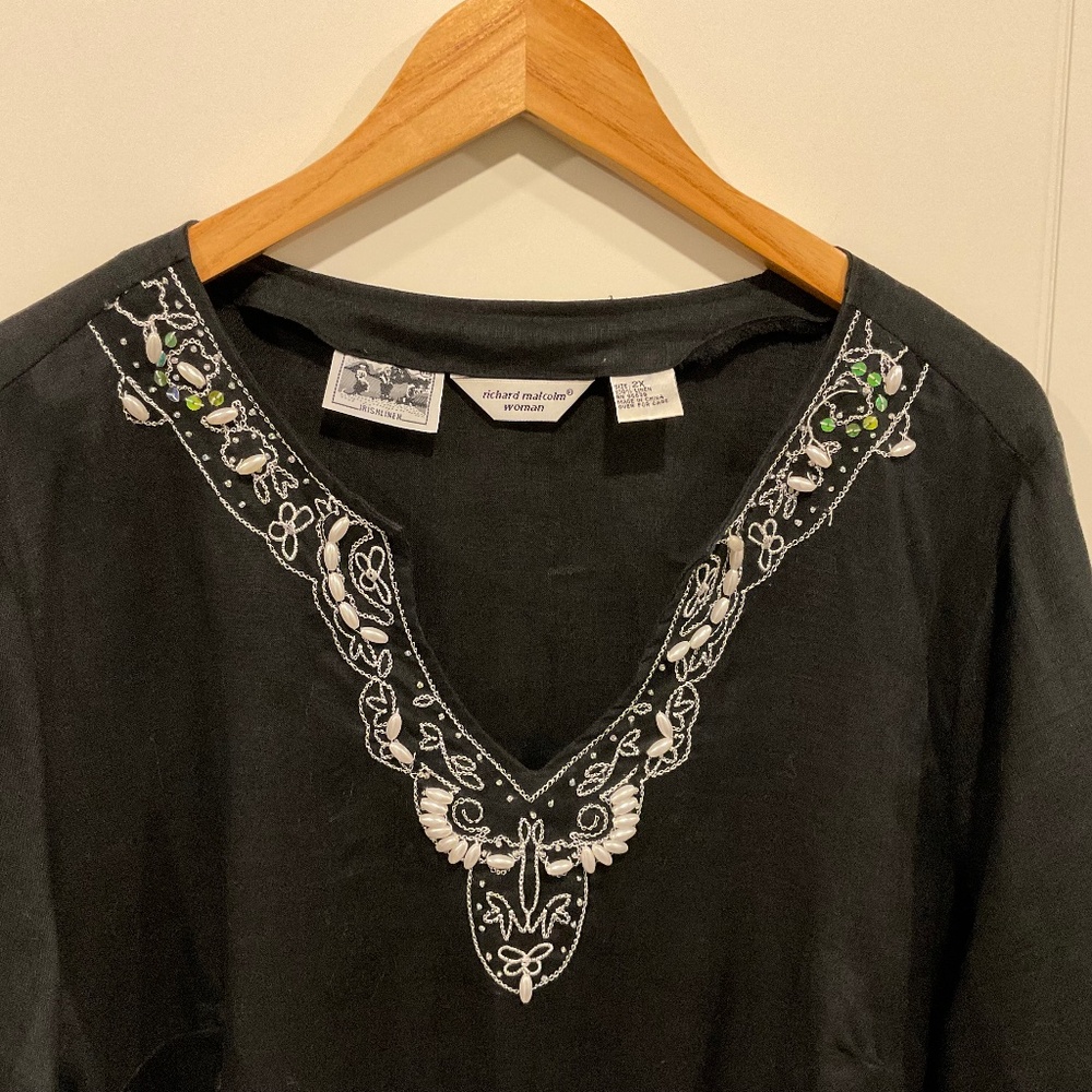 Richard Malcom Irish Linen Black Embellished Top 100% Linen Size 2X - Picture 2 of 11